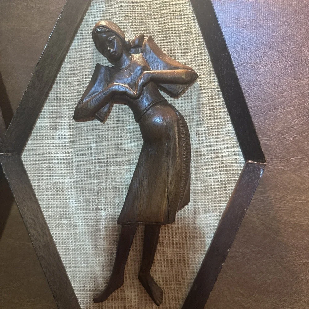 Vintage Mid Century Style Carved Wall Art Burlap Teak Wood 24